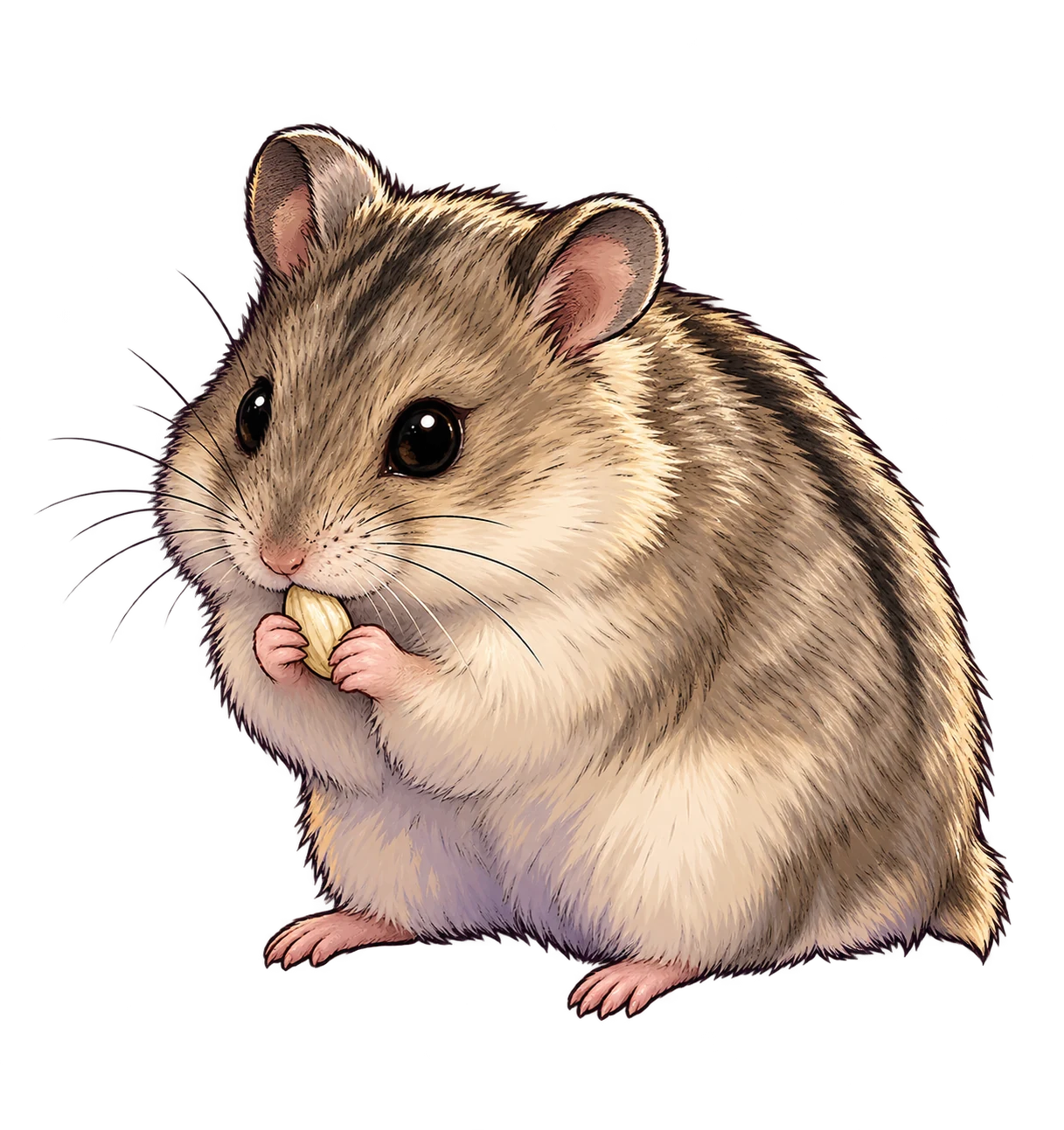 Cookie, Ellie’s gray-brown hamster with cream cheeks, holding a seed